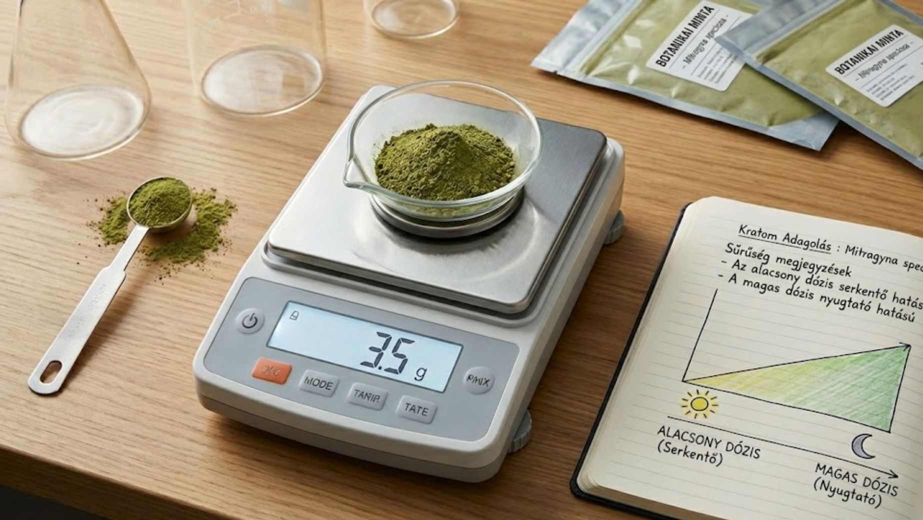 Kratom por mérése kanállal és mérleggel